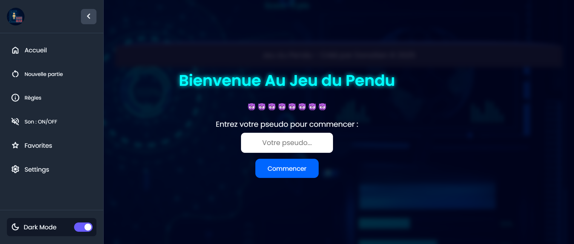 Mon premier grand projet, c'est le jeu du pendu, qui consiste a deviner un mot, mais il reste encore plusieur fonctionnalité et choix des mots reste a la mise en place final.